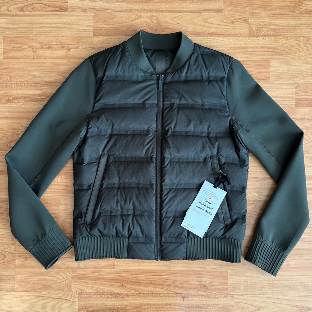 Lululemon Down and Around Bomber Reversible in Dark Olive